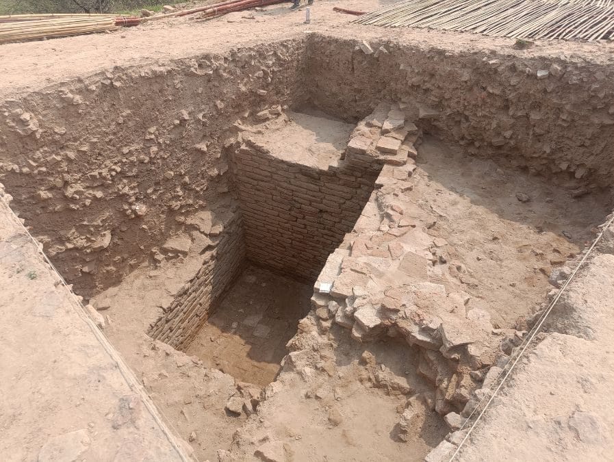 A brick wall uncovered at the Agroha mound during the latest excavation was surrounded by centuries-old debris