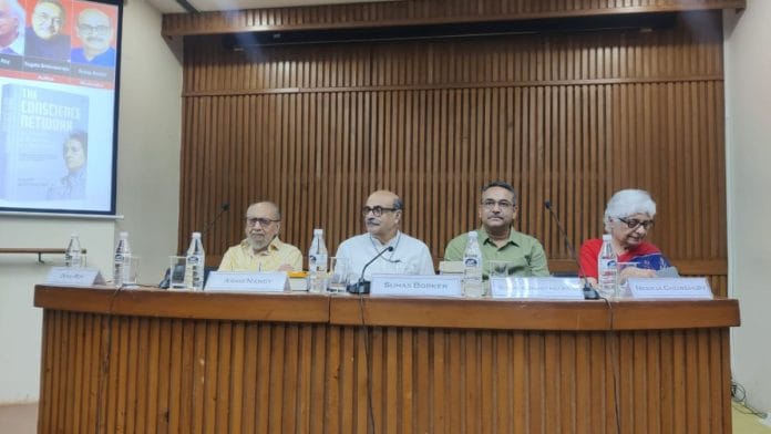 Ashish Nandy, Suhas Borker, Sugata Srinivasaraju and Neerja Chowdhury, at the launch of 'The Conscience Network: A Chronicle of Resistance to a Dictatorship'. | Sakshi Mehra | ThePrint