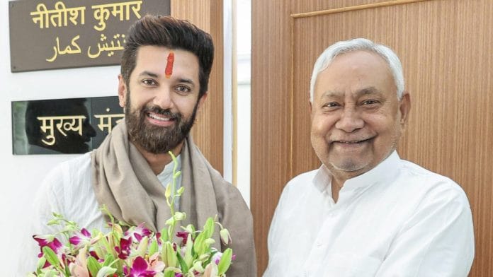File photo of Chirag Paswan and Bihar CM Nitish Kumar | ANI