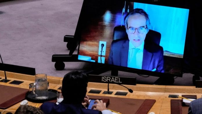 IAEA Director General Rafael Grossi on screen during a meeting of the United Nations Security Council, following Israel’s attack on Iran, at UN headquarters in New York City, US, 13 June, 2025 | Photo: REUTERS/Eduardo Munoz