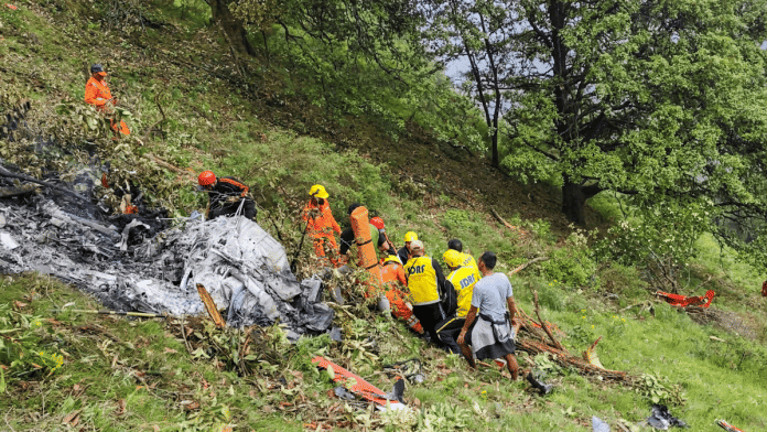 NDRF and SDRF personnel at the spot after a helicopter crashed near the Kedarnath shrine, in Rudraprayag district, Uttarakhand, Sunday, on 15 June 2025. | X\@uksdrf