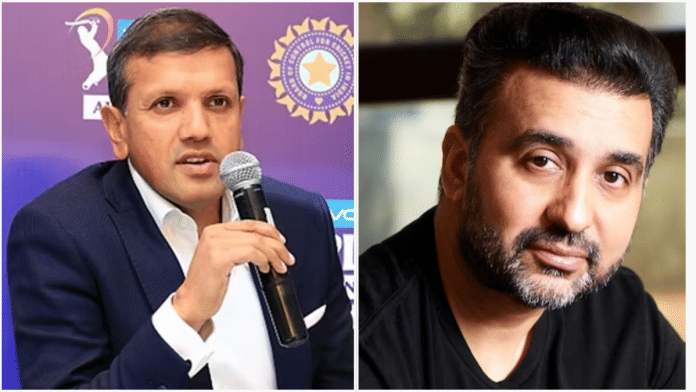 Rajasthan Royals team owner and businessman Manoj Badale (left) and former owner Raj Kundra (right) | Commons