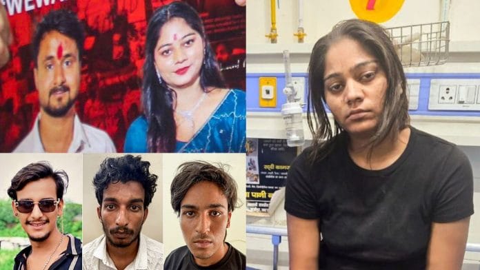 (Clockwise from top, left) Raj and Sonam Raghuvanshi's wedding picture; Sonam after being arrested; Vishal Chauhan, Raj Kushwaha and Akash Rajput | Photos: Indore Police/ANI