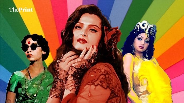 A graphic of Rekha, Sridevi, and Shabana Azmi, women who became queer icons in Bollywood.