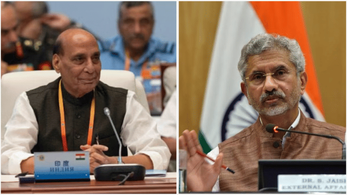 Defence Minister Rajnath Singh (left) at SCO summit & External Affairs Minister S Jaishankar (right) | File Photo | PTI/ThePrint