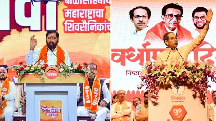 (Left) Shiv Sena chief and Maharashtra Deputy CM Eknath Shinde & (right) Shiv Sena (UBT) chief Uddhav Thackeray. Both addressing supporters at their respective Shiv Sena foundation day celebrations | Photo: PTI, ANI
