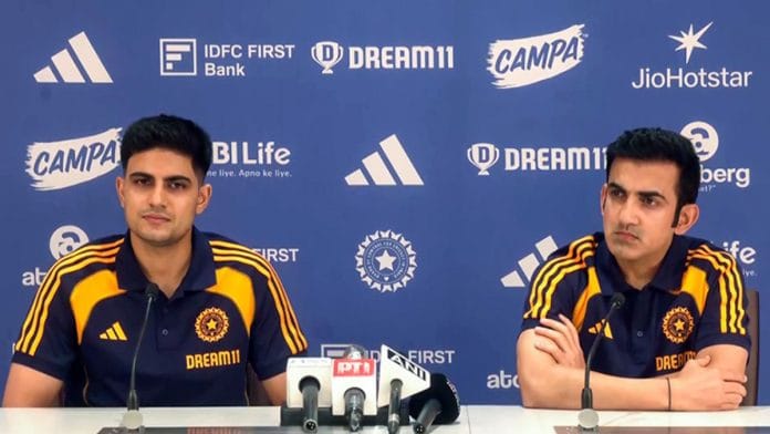 Indian Cricket Team head coach Gautam Gambhir with Test Captain Shubman Gill during a press conference ahead of leaving for England to play a five-match Test series as part of the 2025-27 ICC World Test Championship cycle | Photo: ANI