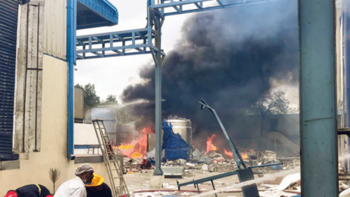 Firefighters try to extinguish a fire that broke out in a chemical factory, at Pashamylaram, in Medak district, Telangana, (PTI)