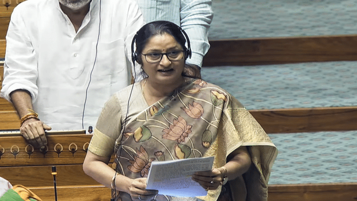Union Minister of Women and Child Development Annapurna Devi speaks in Lok Sabha during the Budget session of Parliament. | ANI