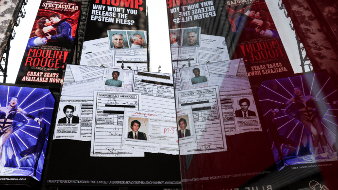 A screen about the Jeffrey Epstein files is displayed at Times Square in New York City, U.S., July 23, 2025 | Reuters