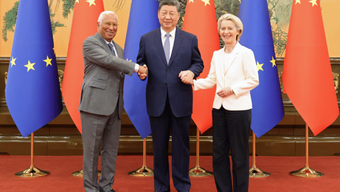 Chinese President Xi Jinping shakes hands with European Council President Antonio Costa and European Commission President Ursula von der Leyen at the Great Hall of the People in Beijing, China July 24, 2025. China Daily | Reuters