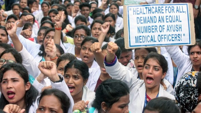 Representational image | File photo of AYUSH practitioners staging a protest in Bhubaneswar | ANI