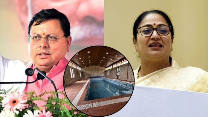 File photos of Uttarakhand CM Pushkar Singh Dhami, Delhi CM Rekha Gupta, and the swimming pool at Dhami's official residence | ANI/Pawan Khera, X