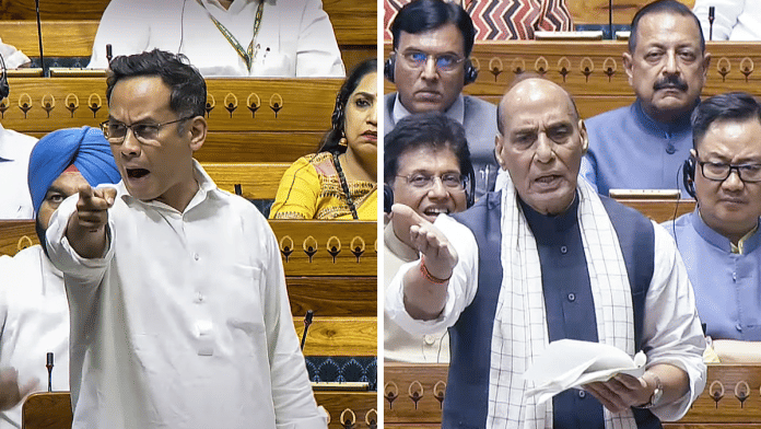 Congress MP Gaurav Gogoi (L) and Defence Minister Rajnath Singh (R) in Lok Sabha on Monday, 28 July 2025 | PTI & ANI