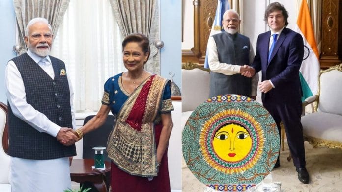 PM Narendra Modi with Trinidad & Tobago PM Kamla Persad-Bissessar in Port of Spain (left), and with Argentina President in Buenos Aires (right), and a Madhubani painting gifted by Modi to the Vice-President of Argentina Victoria Villarruel (inset) | Photo: @narendramodi X/ANI Photo