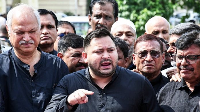 Leader of the Opposition in the Bihar Legislative Assembly and Rashtriya Janata Dal (RJD) leader Tejashwi Yadav speaks to the media during the Monsoon Session of Bihar Legislative Assembly in Patna Tuesday | Photo: ANI