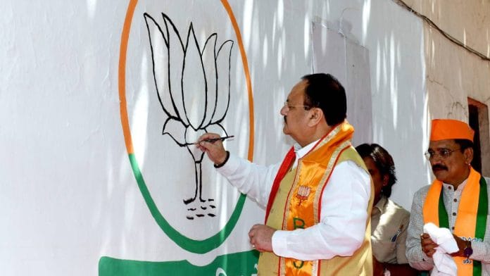 BJP national president J.P. Nadda paints the party’s election symbol, the lotus, on its foundation day in New Delhi | Photo: ANI