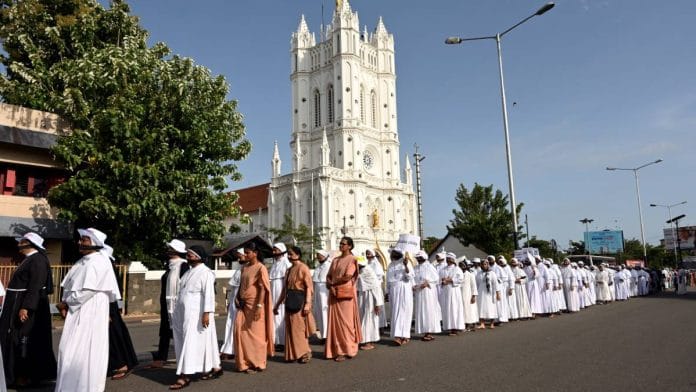 Catholic forum members hold a demonstration in Thiruvananthapuram Wednesday with a black cloth over their mouths against the arrest of two nuns in Chhattisgarh | Photo: PTI