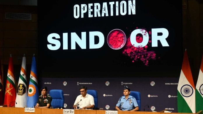 Foreign Secy Vikram Misri with IAF Wing Commander Vyomika Singh, and Army Colonel Sofiya Qureshi briefing the press on Op Sindoor at National Media Centre in New Delhi on 7 May, 2025 | Praveen Jain | ThePrint