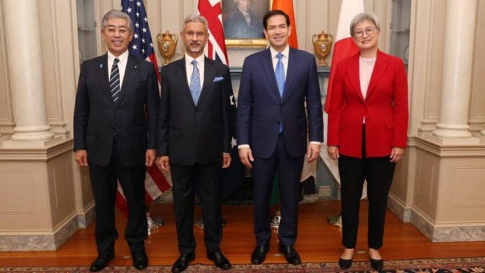 External Affairs Minister S Jaishankar with US Secretary of State Marco Rubio, Australian Foreign Minister Penny Wong and Japanese Foreign Minister Takeshi Iwaya in Washington Tuesday | Photo: ANI