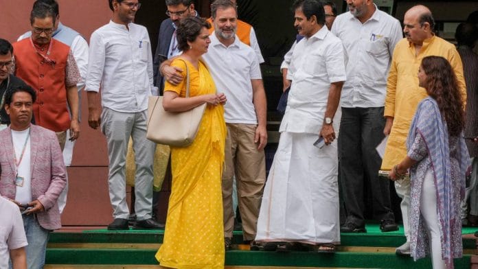 Congress MP Rahul Gandhi with party leaders Priyanka Gandhi Vadra, K.C. Venugopal and others outside Parliament in New Delhi Thursday| Photo: PTI