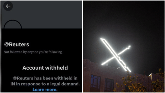 Screenshot of Reuters X account blocked in India (left) and X logo (right) | X/Reuters