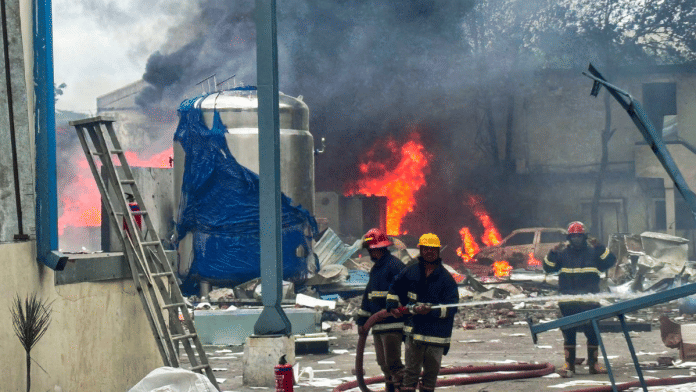 Firefighters try to douse a fire following a reactor blast at Sigachi Chemical Industry, Pashamilaram, in Medak on Monday | ANI