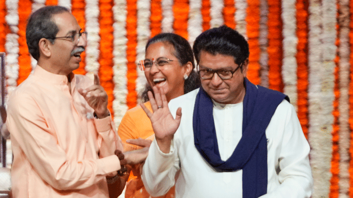 File photo of Shiv Sena (UBT) chief Uddhav Thackeray, NCP (SP) leader Supriya Sule and MNS chief Raj Thackeray at a joint rally, Awaj Marathicha, in Mumbai | PTI