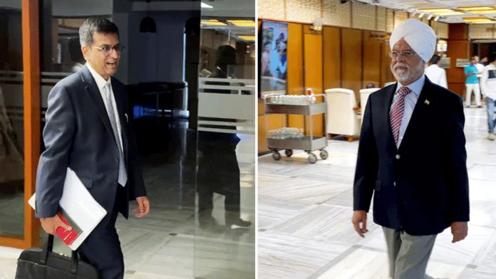 Former CJI DY Chandrachud and JS Khehar arrive at the Parliament House Annexe to give their presentation before the JPC, in New Delhi on Friday | ANI video grab