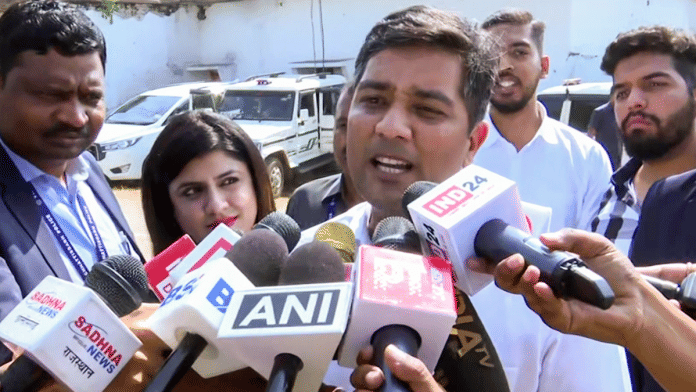 File photo of Chaitanya Baghel, son of former Chhattisgarh chief minister Bhupesh Baghel, speaking to the media in Raipur | ANI