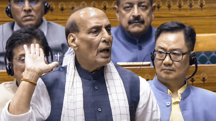 Defence Minister Rajnath Singh speaks during a debate in the Lok Sabha on the Pahalgam terror attack and Operation Sindoor, in Parliament on Monday | PTI