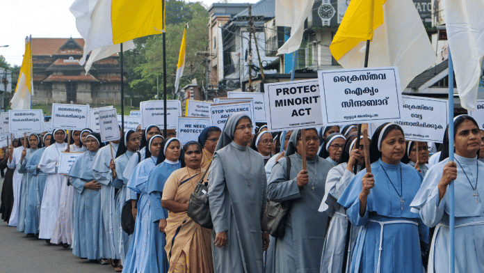 Nuns stage a protest demanding the release of two Kerala nuns arrested in Chhattisgarh over allegations of human trafficking and forced religious conversion, in Kochi | PTI