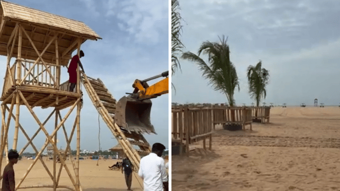 Work underway at Chennai's Marina beach. State government plans to apply for Blue Flag certification for it in three months | By special arrangement