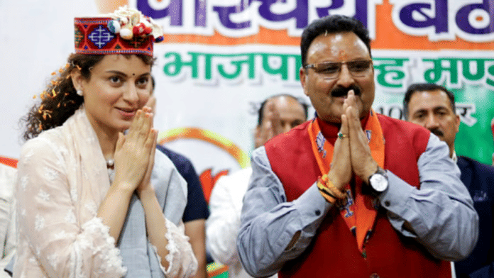 File photo of Kangana Ranaut greeting the public at a public meeting in Mandi | ANI