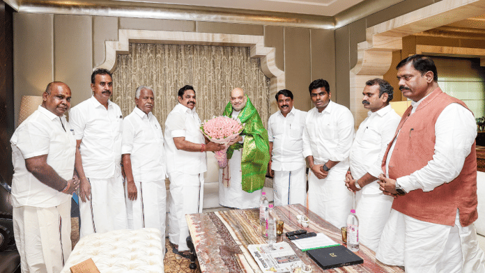 Home Minister Amit Shah being felicitated by AIADMK General Secretary E. K. Palaniswami, BJP leader K Annamalai and others in Chennai 11 April | ANI