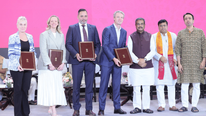 Officials from 4 global universities with Education Minister Dharmendra Pradhan, MoS DoNER Sukanta Majumdar and MoS Education Jayant Chaudhary at an event in Delhi. | X/@EduMinOfIndia