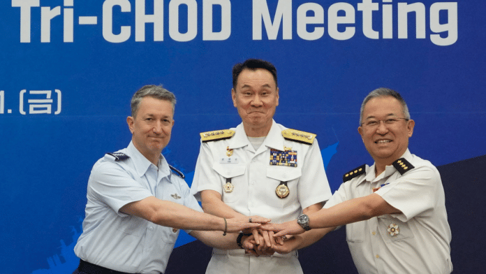 Joint Staff of Japan, chairman of the South Korean Joint Chiefs of Staff, and chairman of the U.S. Joint Chiefs of Staff during a Trilateral Chiefs of Defense meeting in Seoul, South Korea on 11 July | Reuters