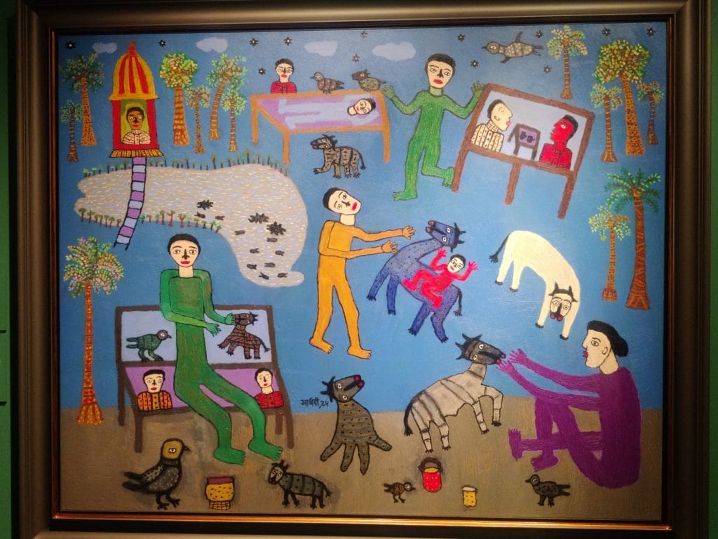 Pond in my Village (2024) by Madvhi Parekh captures harmonious village life, blending ritual, and memory in a timeless, dreamlike space.