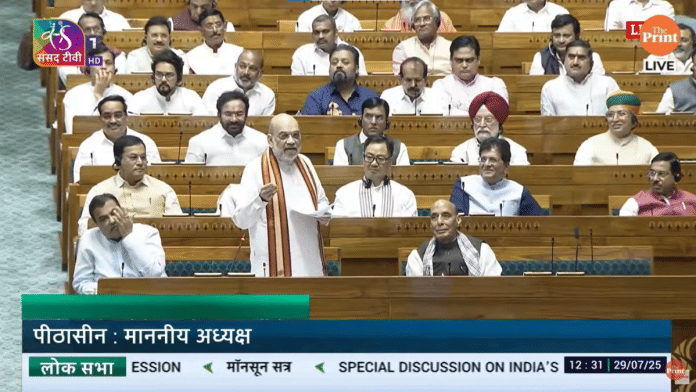 Screengrab of Amit Shah speaking on Operation Sindoor in Lok Sabha during Monsoon Session, 29 July, 2025 | Sansad TV via ThePrint