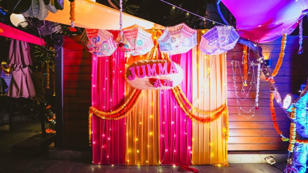 A cliche selfie point at the Jumma ki Raat fake sangeet party