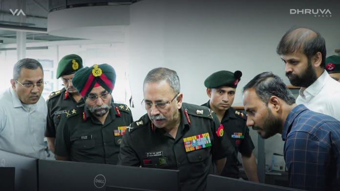 Krishna Teja Penamakuru, COO & Co-founder, Dhruva Space hosting Lieutenant General N. S. Raja Subramani, PVSM, AVSM, SM, VSM, Vice Chief Army Staff, Indian Army, at their office in Hyderabad. Dhruva Space’s earth observation satellite tool has already gained interest from government agencies for real-time access to data from space | By special arrangement