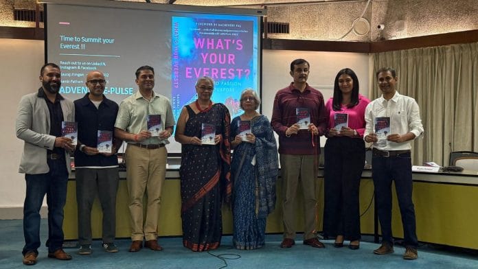 Samir Patham, Sauraj Jhingan, Brigadier Ashok Abbey, and journalist Rupha Ramani at the launch of What’s Your Everest: A Path to Passion and Purpose | Photo: Sakshi Mehra, ThePrint