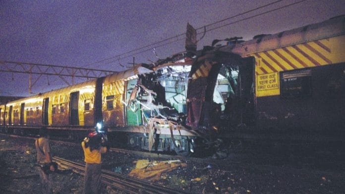 A first-class compartment in the aftermath of the train blasts in Mumbai, July 2006