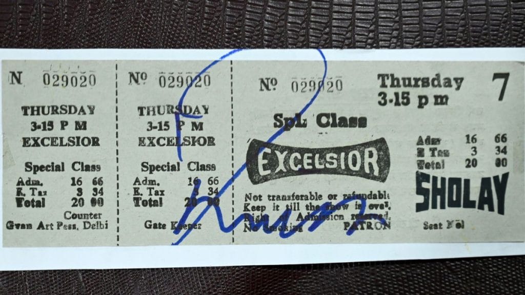 A ticket for the special show of 'Sholay', 1975