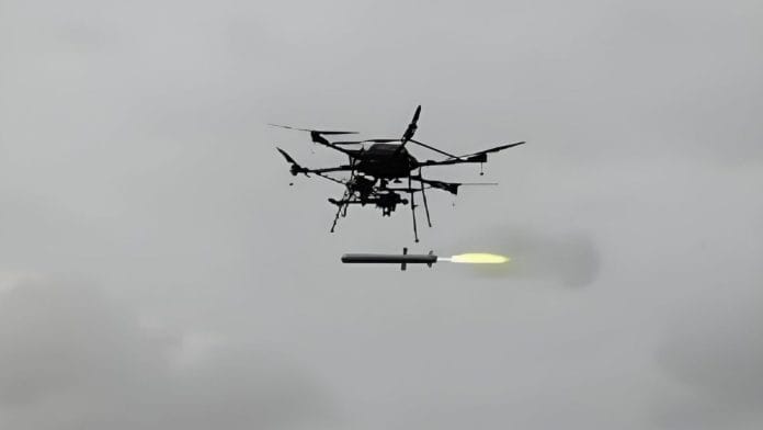 A drone test-firing a ULPGM-V3 in the National Open Area Range, Kurnool, Andhra Pradesh, July 2025