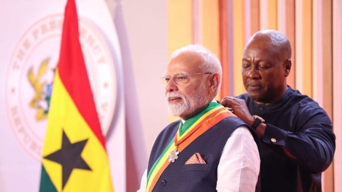 PM Modi, being conferred with 'The Officer of the Order of the Star of Ghana' during his bilateral visit to the country | Photo:@narendramodi/X