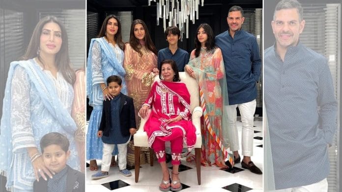 Sunjay Kapur (right) with mother Rani Kapur (centre), wife Priya Sachdev (left), and children