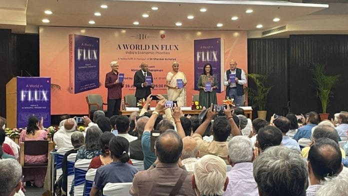 Shankar Acharya, Shyam Saran, Nirmala Sitharaman, Amita Batra and A.K. Bhattacharya (left to right) at the launch of The World in Flux: India's Economic Priorities. | Udit Hinduja | ThePrint