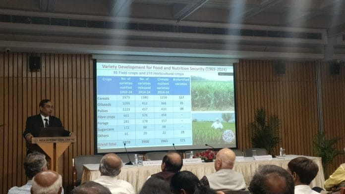 Trilochan Mohapatra addressing the gathering at IIC during the MS Swaminathan Leadership Dialogue. | Akanksha Mishra | ThePrint