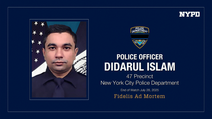 A post on X issued by NYPD shows a photo of police officer Didarul Islam, killed in a mass shooting, following a reported shooter situation in the Manhattan borough of New York City, U.S., in this picture obtained from social media released July 28, 2025. NYPD News via X/via Reuters